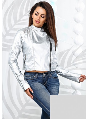 Женская короткая куртка косуха из экокожи серебро металлик
