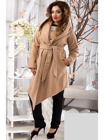 Женское демисезонное пальто с капюшоном и ассиметричным низом 