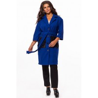 Женское пальто с укороченными рукавами и карманами эко-кожа с кружевом