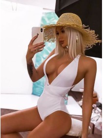 Белый сплошной купальник с завязками на талии S, M