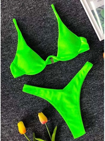 Зеленый неоновый купальник в рубчик плавки танго