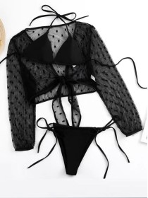 Чорний купальник шторки + плавки на зав'язках + топік з сітки