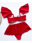 Красный купальник тройка бандо + плавки + юбка