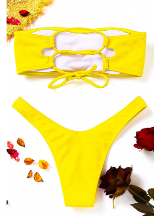 Желтый раздельный купальник бандо в рубчик со шнуровкой 