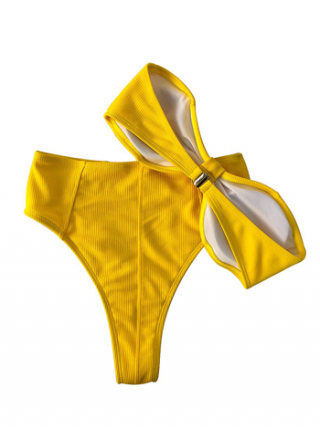 Яркий желтый купальник в рубчик с высокими бразилиана