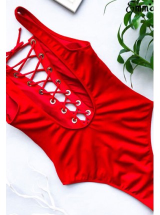 Совместный женский яркий купальник со шнуровкой (красный)