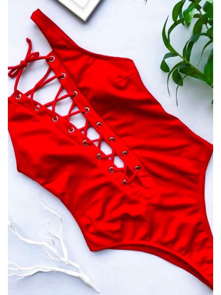 Спільний жіночий яскравий купальник зі шнурівкою (червоний)