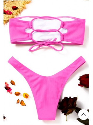 Рожевий жіночий купальник в рубчик ззаду зі шнурівкою