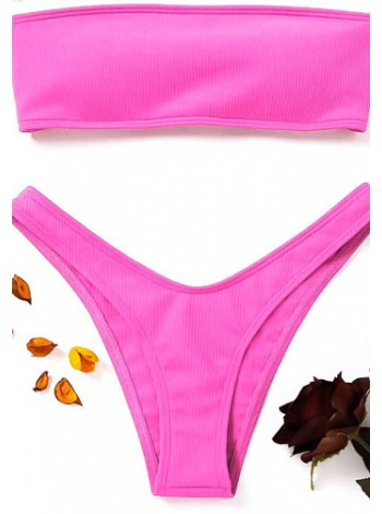 Розовый женский купальник в рубчик сзади со шнуровкой 