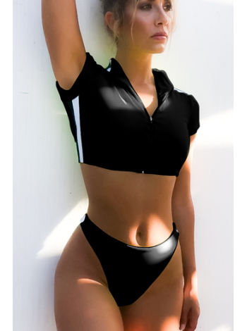 Спортивный женский черно-белый купальник топ со змейкой + стринги лампасы