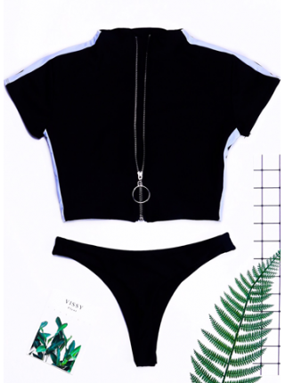 Спортивний жіночий чорно-білий купальник топ зі змійкою + стринги лампаси