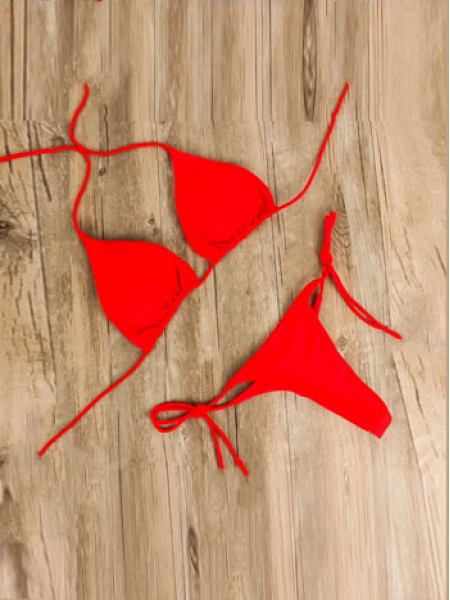 Яркий красный купальник-шторки со стрингами на завязках 