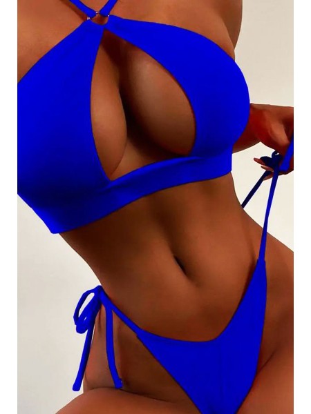 Ярко синий неоновый женский купальник с декольте на завязках