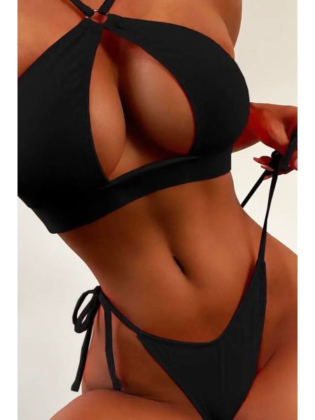 Чорний жіночий купальник через шию з декольте на зав'язках 