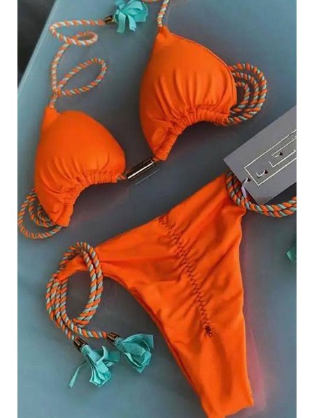 Оранжевый женский купальник-шторки на завязках со сборкой