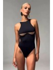 Черный купальник-боди цельный украшен сеткой на груди бразилиана