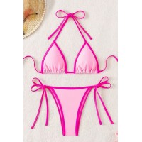  Розовый женский купальник треугольник на завязках бразилиана
