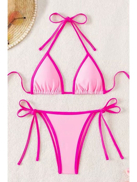  Розовый женский купальник треугольник на завязках бразилиана