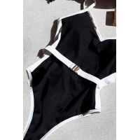 Черный с белым цельный женский купальник с поясом