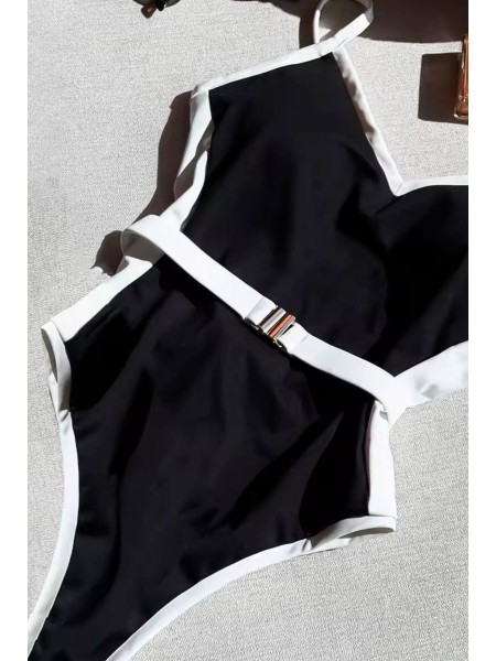 Черный с белым цельный женский купальник с поясом