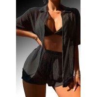 Черный пляжный женский костюм рубашка с шортами