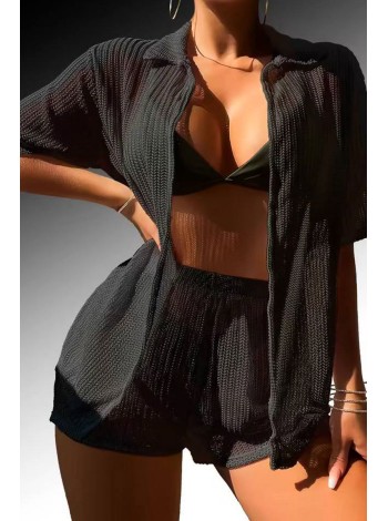 Черный пляжный женский костюм рубашка с шортами