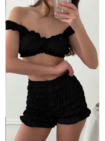 Черный атласный женский комплект для дома с рюшами S, M