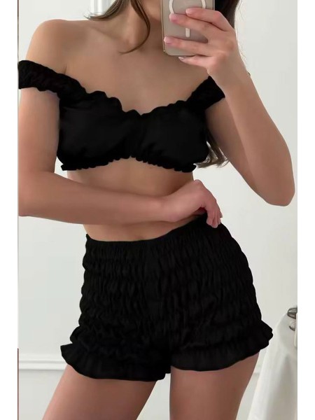 Черный атласный женский комплект для дома с рюшами S, M