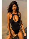 Черный женский купальник-боди цельный с глубоким декольте бразилиана