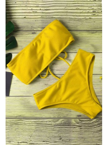 Ярко-желтый купальник-бандо со шнуровкой