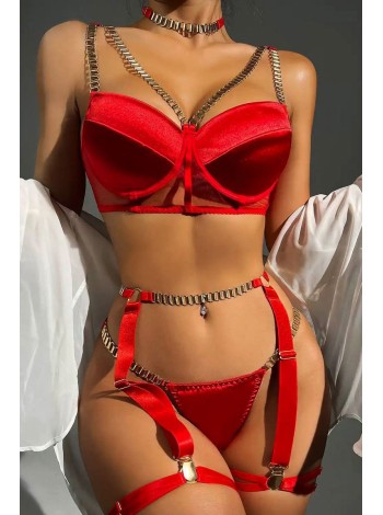 Красный сексуальный комплект белья тройка с цепочками S, M