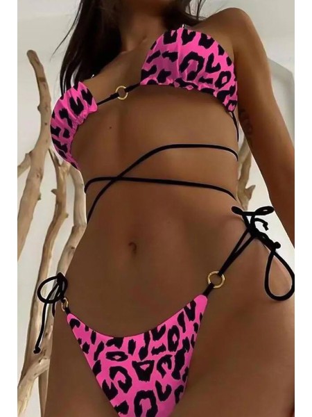 Розовый купальник с леопардовым принтом с длинными шлейками