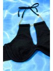 Чорний жіночий купальник через шию з декольте з ланцюжками