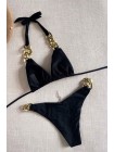 Чорний жіночий купальник шторки з золотими ланцюжками