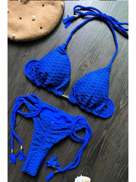 Яркий синий женский купальник на завязках бразилиана
