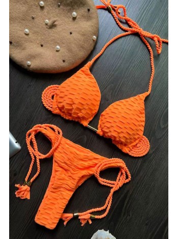 Яркий оранжевый женский купальник на завязках бразилиана