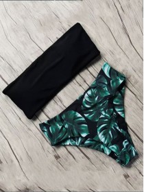 Чорний купальник бандо з чашками + плавки з листями